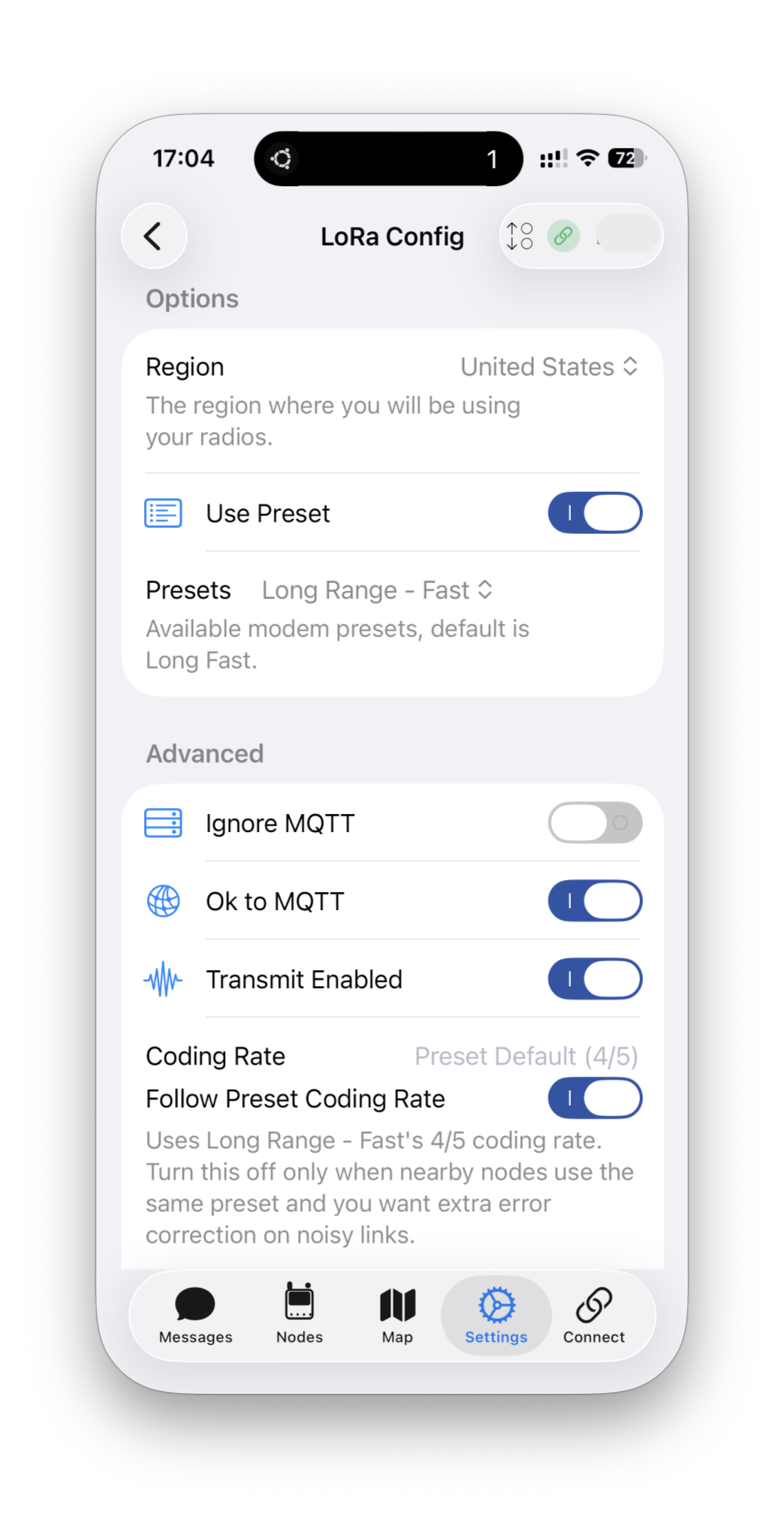 iOS Meshtastic LoRa Config: United States region, Long Range - Fast preset, Ok to MQTT on