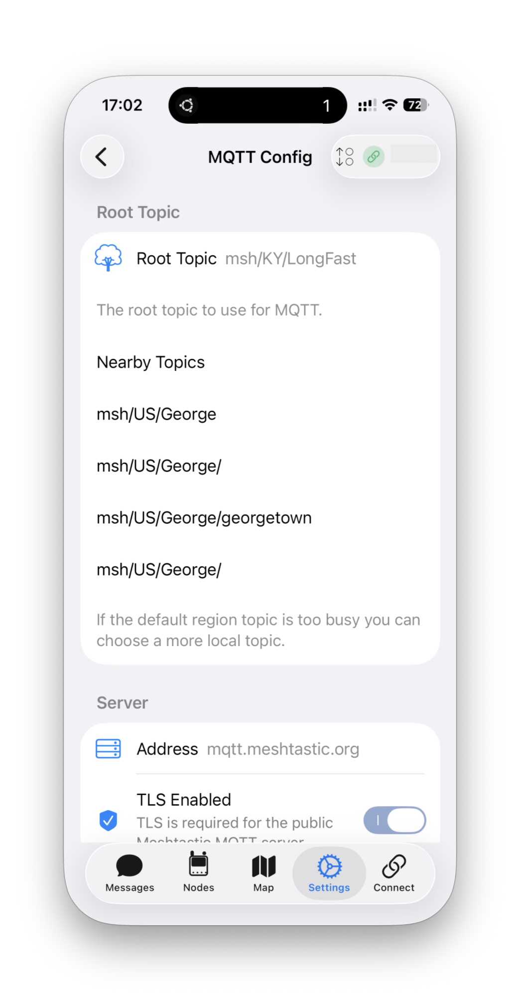 iOS Meshtastic MQTT Config: root topic msh/KY/LongFast and mqtt.meshtastic.org; enable TLS for the public broker