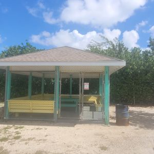 A covered pavilion with yellow benches, surrounded by greenery and blue skies.