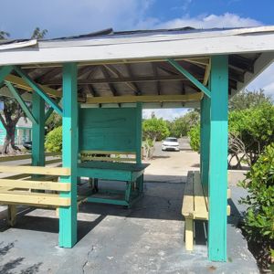 A colorful pavilion with benches surrounded by greenery.