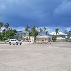A view of a parking area with palm trees and buildings under a cloudy sky.