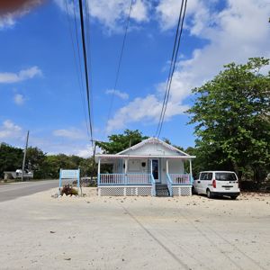 A small blue and white house along a gravel road with trees and powerlines nearby.