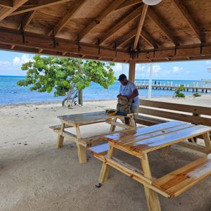 A person organizing equipment at a pavilion by the beach, with ocean and a tree in the background.