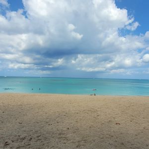 A scenic beach view with clear turquoise waters, soft sandy shore, and a partly cloudy sky.
