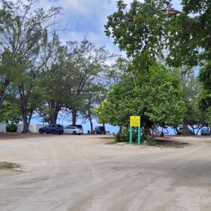 A view of a dirt road surrounded by trees and a sign indicating no loud noise allowed. Vehicles are parked alongside the road.
