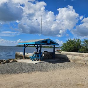 A blue shaded gazebo near the water with a picnic table and visible antenna.