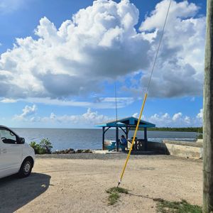 A view of a coastal site with a blue pavilion by the water, a white vehicle parked nearby, and a ham radio antenna set up.