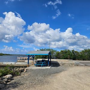A sheltered picnic area with a blue picnic table next to a body of water and a clear blue sky.