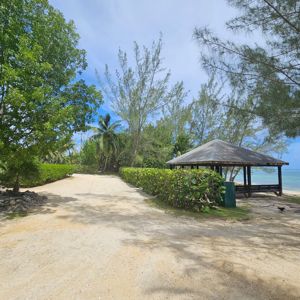 A path leading to a gazebo surrounded by lush greenery and a view of the water.