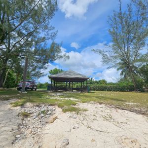 A gazebo on a grassy area near the beach, surrounded by trees and blue sky.