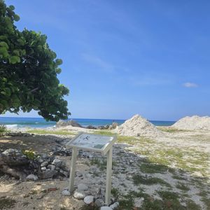 A coastal area with a sign display, surrounded by greenery and piles of rocks, overlooking the ocean.