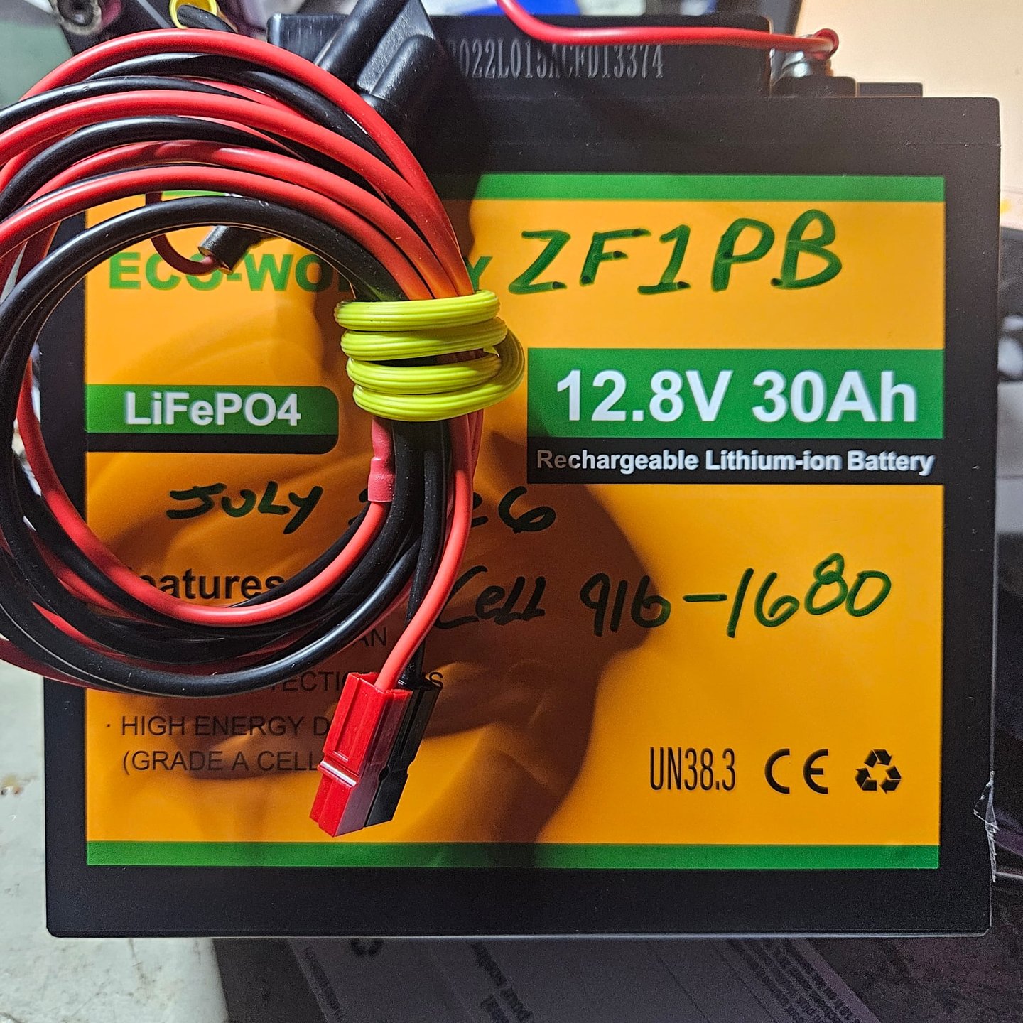 LiFePO4 rechargeable loaner battery, 12.8V 30Ah, with Anderson Powerpole lead; label marked ZF1PB